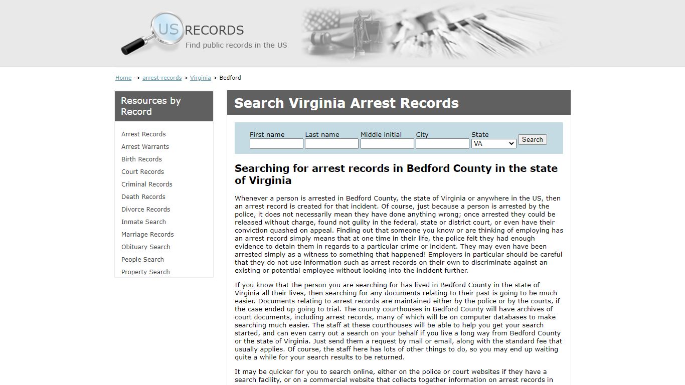 Search Arrest Records Bedford Virginia | US Records